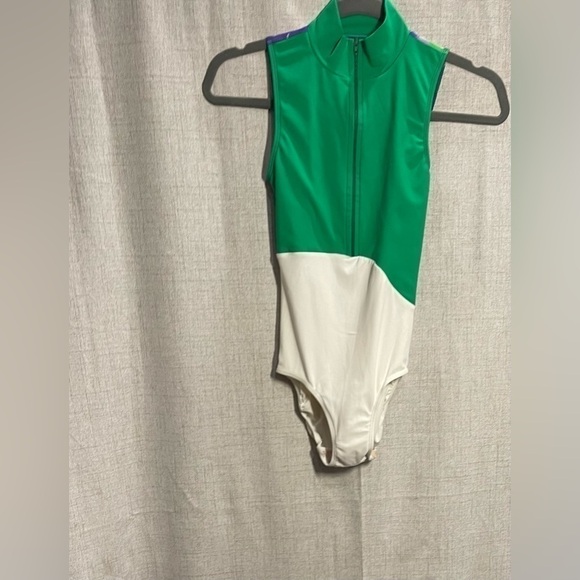 ELEVE green white & floral mesh back zip-front leotard ballet dance. PHOTOS. XS - Picture 4 of 7